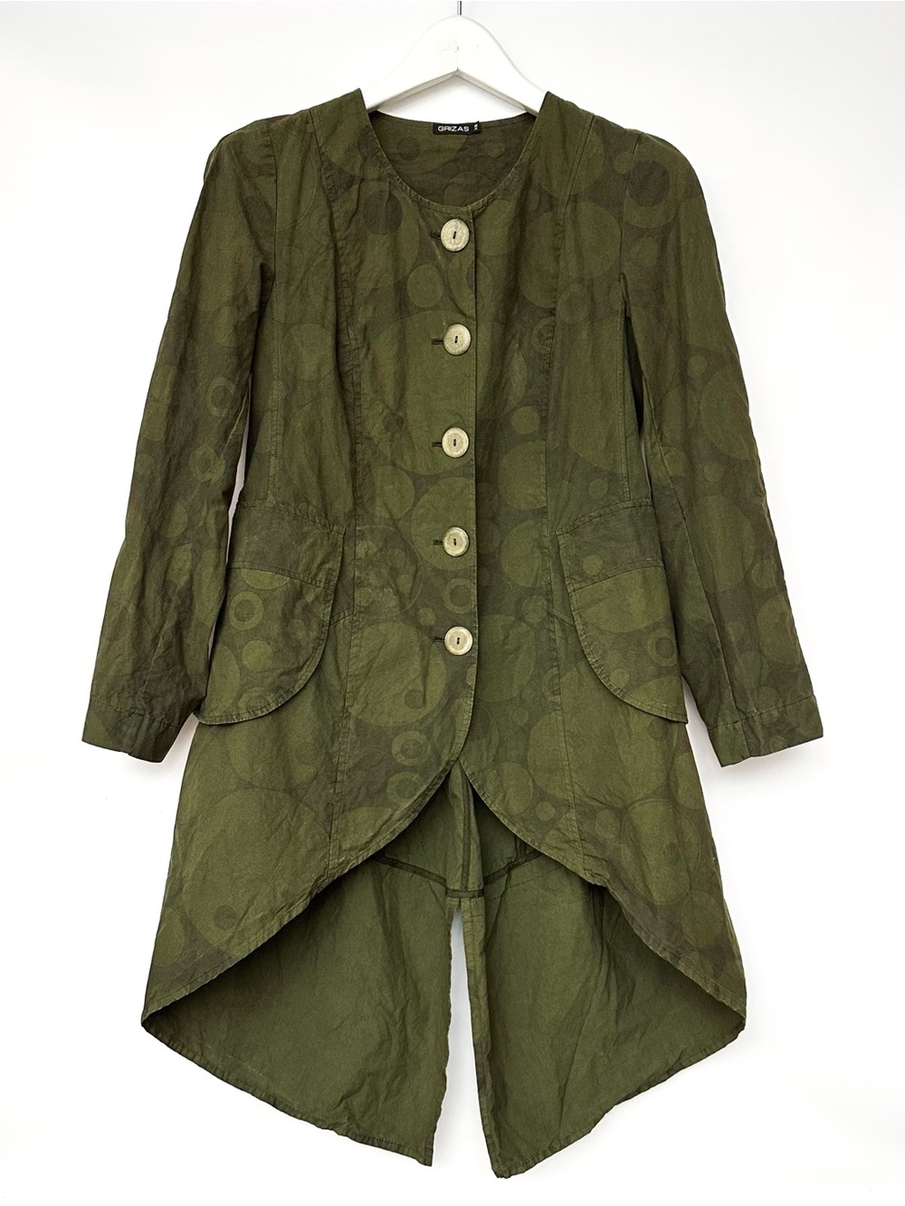 Grizas Olive Green Asymmetrical Tailcoat cotton poplin Jacket